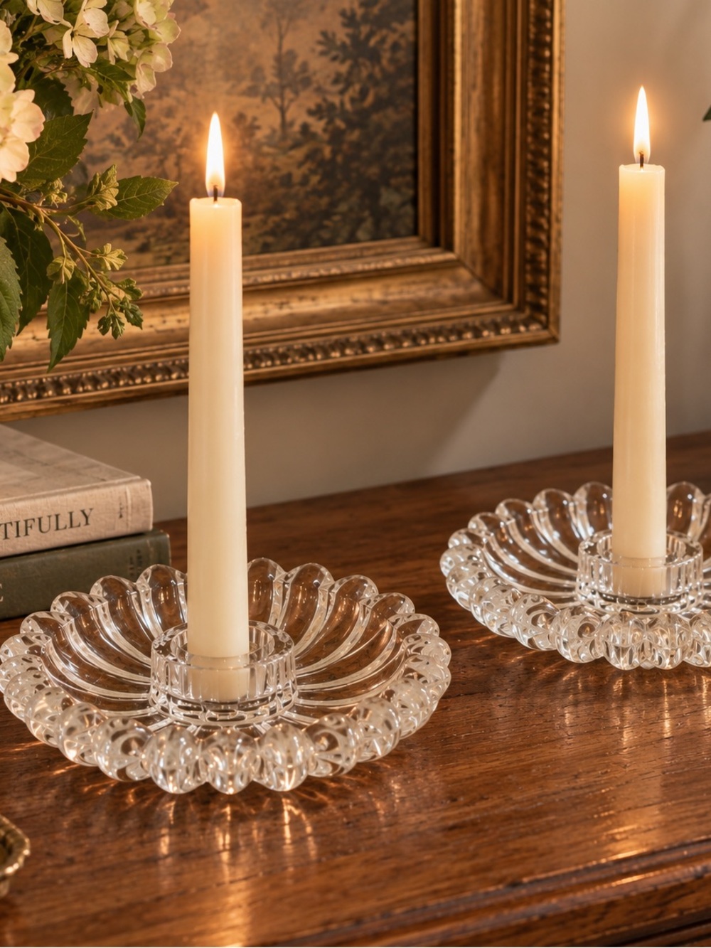 Classic Clear Glass Pillar Candle Holders with Scalloped Edge - Set of 2